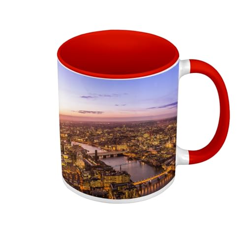 Fabulous Tasse, hochwertig, rot, Motiv: London, beleuchtet bei Nacht mit Luftblick, England, mit Henkel und farbigem Innenfutter von Fabulous