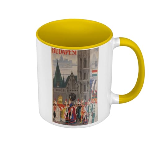 Tasse Farbe Premium Gelb – Budapest Ungarn Poster Vintage Tourismus Art Deco – Tasse mit Henkel und farbigem Innenraum von Fabulous