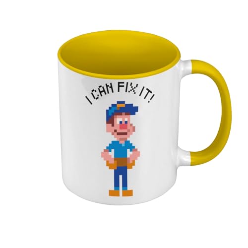 Tasse Farbe Premium Qualität Gelb – I Can Fix It! Charakter Maskottchen Videospiele 8 Bit Retro Gaming Arcade – Tasse mit Henkel und farbigem Innenraum von Fabulous