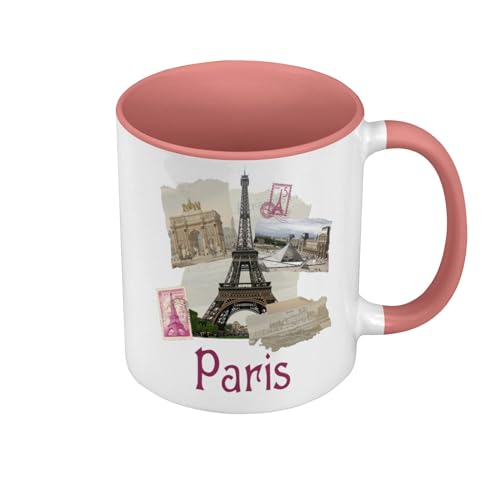 Tasse Farbe Premium Qualität Rosa – Paris Collage France Stadt Eiffelturm Louvre – Tasse mit Henkel und farbigem Innenfutter von Fabulous