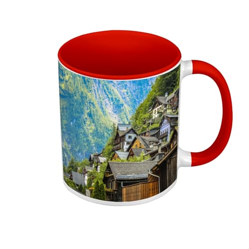 Tasse Farbe Premium Qualität Rot – Chalets in den Bergen mit Hallstatt Österreich – Tasse mit Henkel und farbigem Innenraum Tasse Farbe Premium Qualität Rot – Chalets in den Bergen mit Hallstatt Österreich – Tasse mit Henkel und farbigem Innenraum von Fabulous