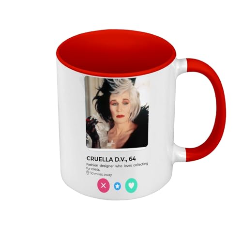 Tasse Farbe Premium Qualität Rot – Cruella Dalmatiner Social Network Love Villain – Tasse mit Henkel und farbigem Innenfutter von Fabulous