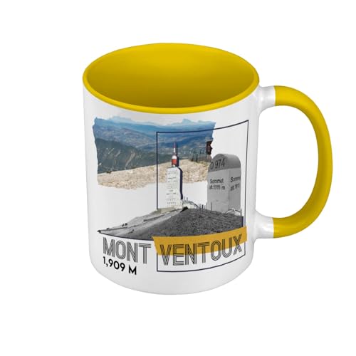 Tasse Farbe Premium Qualität gelb – Mont Ventoux Collage Fahrrad Frankreich Radfahren Tour – Tasse mit Henkel und farbigem Innenfutter von Fabulous