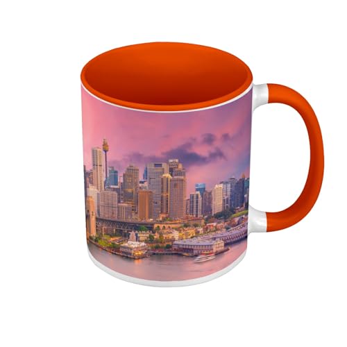 Tasse in Premium-Qualität, Orange – Sydney Skyline bei Sonnenuntergang Australien – Tasse mit Henkel und farbigem Innenfutter von Fabulous