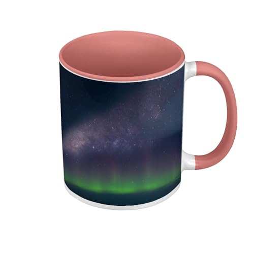 Fabulous Tasse in Premium-Qualität, Rosa – Aurora Borealis Grün vor der Milchstraße Sternenhimmel – Tasse mit Henkel und farbigem Innenfutter von Fabulous