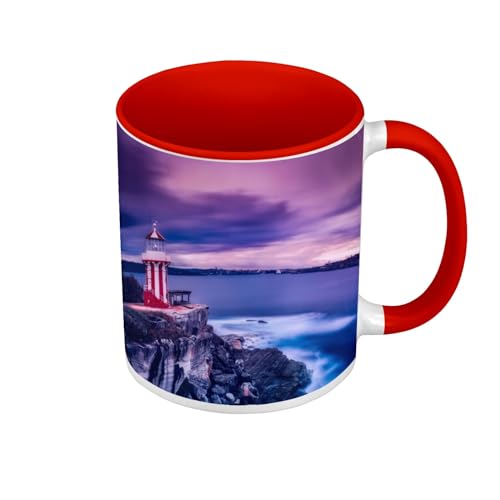 Fabulous Tasse in Premium-Qualität, Rot – Leuchtturm rot und weiß auf Klippe Sonne untergehen auf der Bucht – Tasse mit Henkel und farbigem Innenraum von Fabulous