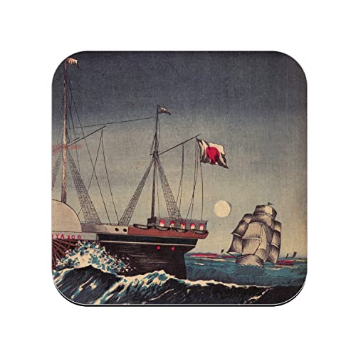 Untersetzer aus Kork – japanische Prägung Triptychon Boot Dämpferrad Kunstpflanze Original Vintage – 1 Stück (95 x 95 mm) von Fabulous