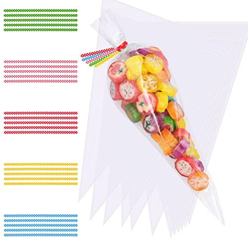Faburo 100pcs 25x15cm Cone Tüten Süßigkeiten Tütchen Geschenktüten mit 100 Bindebänder für Süßigkeiten Schokolade Bonbons von Faburo