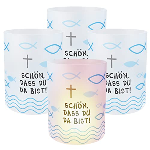 Faburo 12X Windlicht Fisch, Kommunion Deko Mini Tischlichter Kerzen Deko Firmung Deko Tischdeko ca. 8 x 10 cm, Fisch Lichthülle für Junge und Mädchen Kommunion Konfirmation Taufe Teelichter Taufe Deko von Faburo