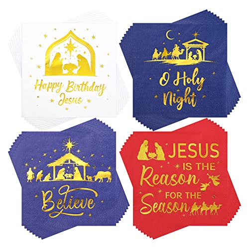 100 Stück Servietten mit Weihnachtskrippe Jesus Heilige Nacht Papier Servietten Vergoldet Religiöse Servietten Alles Gute zum Geburtstag Abendessen Servietten (Krippe, 10 x 10 Zoll) von Faccito