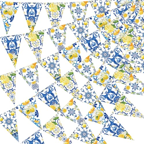 Faccito 5 Stück Blaue Kacheln Zitronen Dekoration Zitronen Wimpelkette Wimpelkette aus Papier Girlanden Limonade Hängende Dreiecksfahnen für Hochzeit Geburtstag Brautparty Junggesellenabschied deko von Faccito