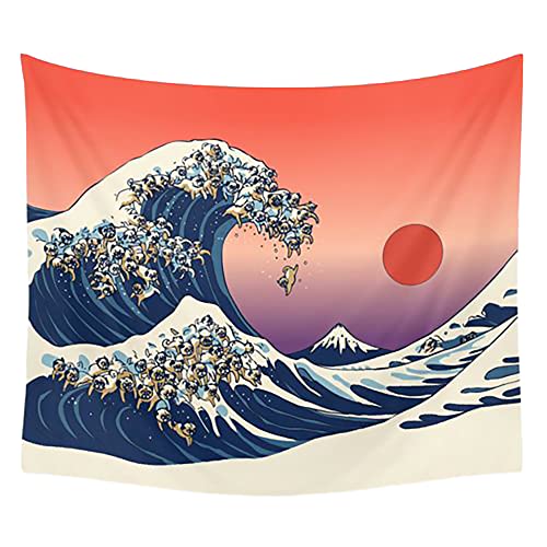 FaceYee The Great Wave of Pug Wandteppich Dekoration Tapisserie Wandbehang Kunst Dekor Hängen Sie das Tuch 180 x 230 cm Farbe: Die große Welle des Mops von FaceYee