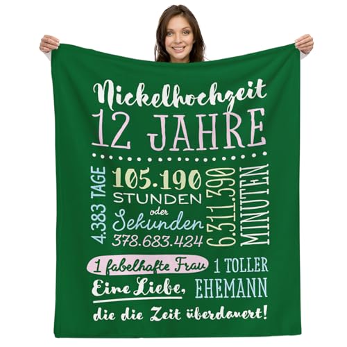 12. Hochzeitstag Geschenk – Kuscheldecke | Geschenkidee zur Nickelhochzeit für Mann oder Frau Decke Jahrestag Flauschig Partner Fleecedecke | Glücklich Verheiratet - 12 Jahre von Facepot