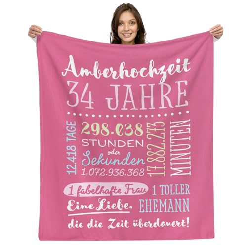 34. Hochzeitstag Geschenk – Kuscheldecke | Geschenkidee zur Amberhochzeit für Mann oder Frau Decke Jahrestag Flauschig Partner Fleecedecke | Glücklich Verheiratet - 34 Jahre von Facepot