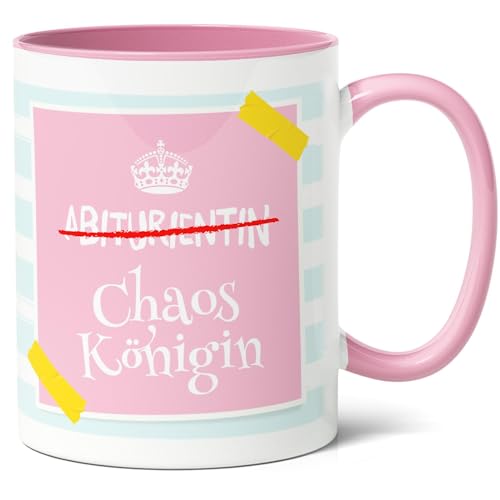 Abiturientin Geschenk Kaffee-Tasse (330ml) - Idee für frischgebackene Abiturientin zum Bestehen der Prüfung, Abschluss oder - Chaoskönigin - Keramik (Rosa) von Facepot