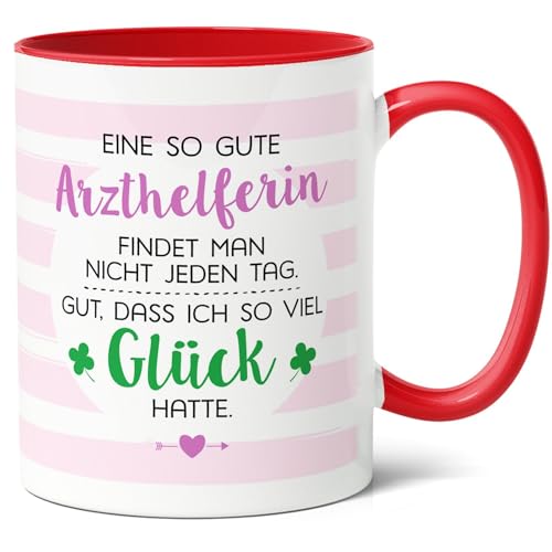 Arzthelferin Geschenk Kaffee-Tasse (330ml) - Abschluss, Berufseintritt Präsent für Medizin - Assistentinnen, Dank Aufmerksamkeit - Ich hatte Glück, Arzthelferin - Keramik - Innen & Henkel (Rot) von Facepot