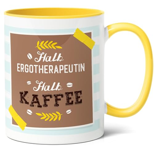 Ergotherapeutin Geschenk Kaffee-Tasse (330ml) - Geburtstagsgeschenk, Berufsleben Feiern - Halb Ergotherapeutin, halb Kaffee - Keramik (Gelb) von Facepot