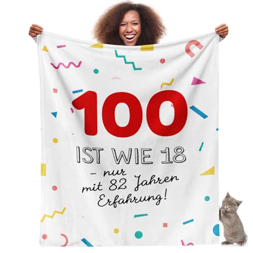 Facepot 100.Geburtstag Geschenk - Kuscheldecke (150x130cm) | Geschenke zum Geburtstag für Frau oder Mann Decke Flauschig Weich | 100 ist wie 18 - nur mit 82 Jahren Erfahrung von Facepot