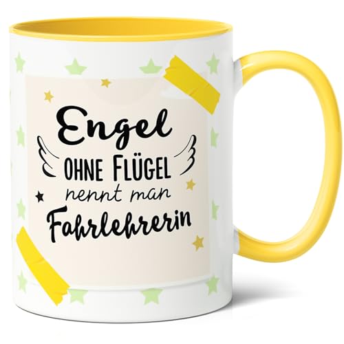Fahrlehrerin Geschenk Kaffee-Tasse (330ml) - Geschenkidee für Kollegin zum Abschluss, Geburtstag oder Weihnachten - Engel ohne Flügel - Keramik (Gelb) von Facepot