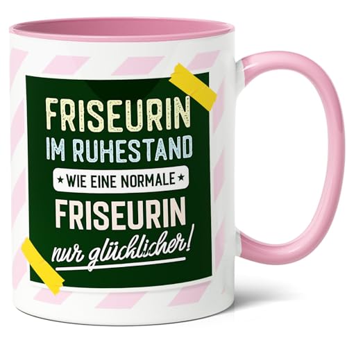 Friseurin-Ruhestand Geschenk Kaffee-Tasse (330ml) - Glückliche Ruheständlerin Geschenk für Kollegin zum Abschied, Idee zum Geburtstag, Weihnachten - Glückliche Ruhestand Friseurin - Keramik (Rosa) von Facepot