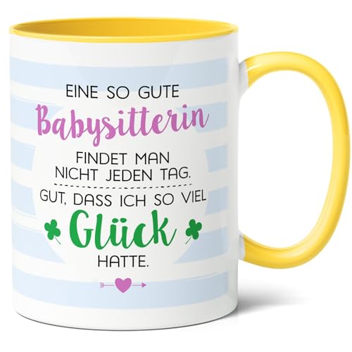 Geschenkidee Babysitter Kaffee-Tasse (330ml) - Geburtstagsüberraschung für beste Erzieherin, Kita Abschied, Geschenk zu Weihnachten - Ich hatte Glück, Babysitterin - Keramik - Innen & Henkel (Gelb) von Facepot