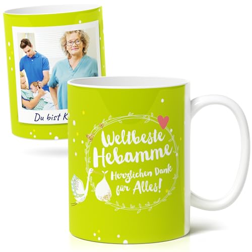 Hebamme Geschenk - Personalisierte Kaffee-Tasse (300ml) - Dankeschön Präsent für Geburtshelferin - Keramik Fototasse - Weltbeste Hebamme - Herzlichen Dank für Alles von Facepot