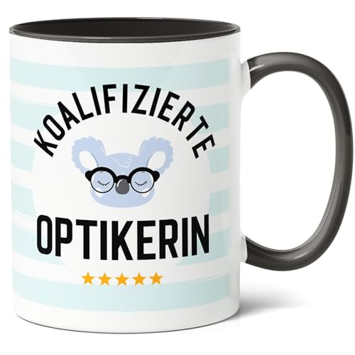 Koalifizierte Optikerin Geschenk Kaffee-Tasse (330ml) - Geschenkidee für Geburtstag der Freundin in Augenoptik, Berufsjubiläum, Abschluss in Optometrie - Keramik (Schwarz) von Facepot