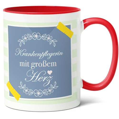 Krankenpflegerin Geschenk Kaffee-Tasse (330ml) - Präsent für Kollegin, Berufsanfang, Dankeschön, Geburtstag - Krankenpflegerin mit großem Herz - Keramik - Innen & Henkel (Rot) von Facepot