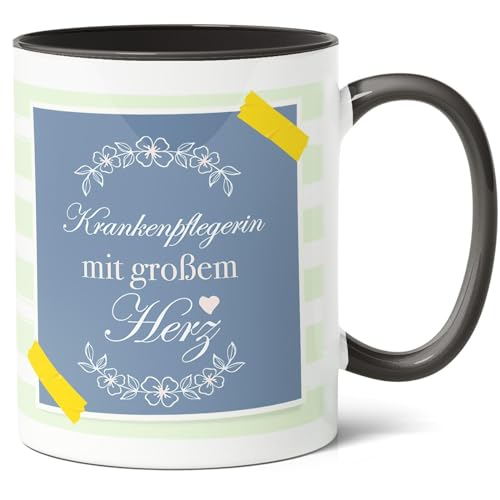 Krankenpflegerin Geschenk Kaffee-Tasse (330ml) - Präsent für Kollegin, Berufsanfang, Dankeschön, Geburtstag - Krankenpflegerin mit großem Herz - Keramik - Innen & Henkel (Schwarz) von Facepot