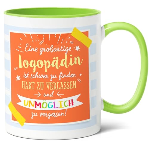 Logopädin Geschenk Kaffee-Tasse (330ml) - Abschieds-, Danke-, Geschenke Weihnachten - Therapeutin - Großartige Logopädin, unmöglich zu vergessen - Keramik - Innen & Henkel (Grün) von Facepot