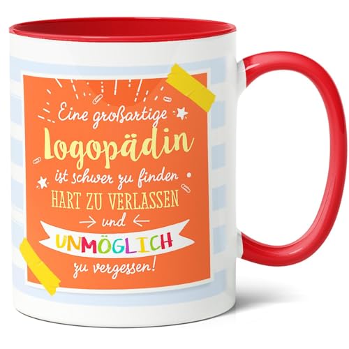 Logopädin Geschenk Kaffee-Tasse (330ml) - Abschieds-, Danke-, Geschenke Weihnachten - Therapeutin - Großartige Logopädin, unmöglich zu vergessen - Keramik - Innen & Henkel (Rot) von Facepot