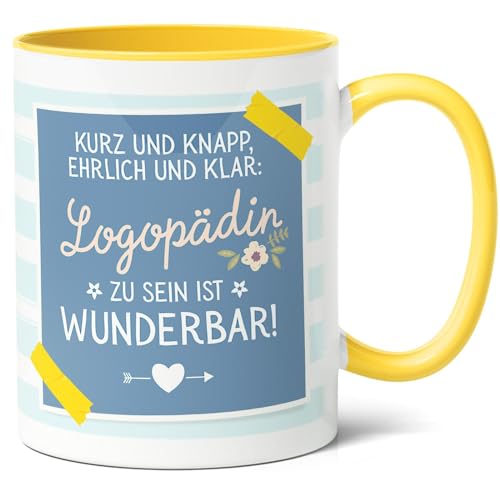 Logopädin Geschenk Kaffee-Tasse (330ml) - Abschlussfeier Geschenkidee für Kollegin, Sprachtherapeutinnen, Ehrlich und klar, Logopädin zu sein ist wunderbar - Keramik - Innen & Henkel (Gelb) von Facepot