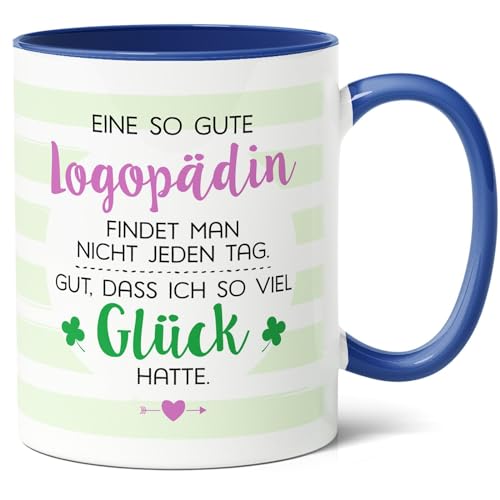 Logopädin Geschenk Kaffee-Tasse (330ml) - Examensfeier Präsent für Sprachtherapeutin, Dankeschön, Muttertags - Geschenk zu Weihnachten - Ich hatte Glück, Logopädin - Keramik - Innen & Henkel (Blau) von Facepot