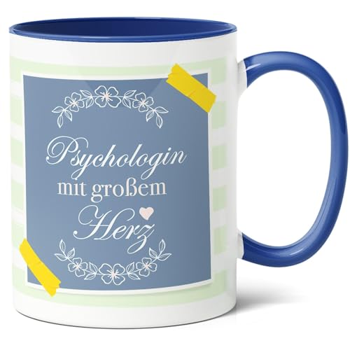 Psychologin Geschenk Kaffee-Tasse (330ml) - Abschlussgeschenk für Therapeutin, Idee für Kollegin, Idee zu Festtagen oder Geburtstag - Psychologin mit Herz - Keramik - Innen & Henkel (Blau) von Facepot