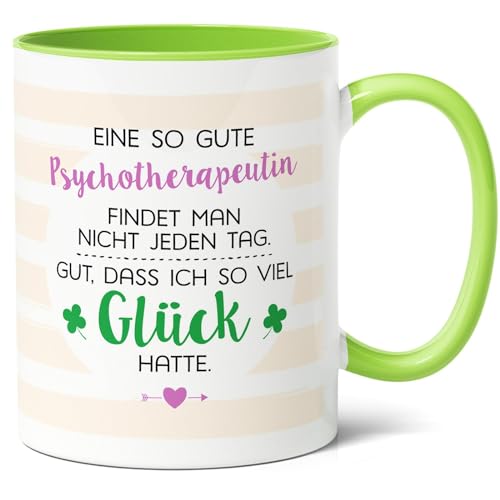 Psychotherapeutin Geschenk Kaffee-Tasse (330ml) - Abschluss & Berufsstart Geschenkidee für Freundin, Weihnachtspräsent - Ich hatte Glück, Psychotherapeutin - Keramik - Innen & Henkel (Grün) von Facepot