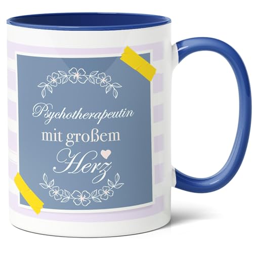 Psychotherapeutin Geschenk Kaffee-Tasse (330ml) - Abschlussgeschenk für Kollegin, Praxisstart, Therapieerfolg, Weihnacht - Psychotherapeutin mit großem Herz - Keramik - Innen & Henkel (Blau) von Facepot