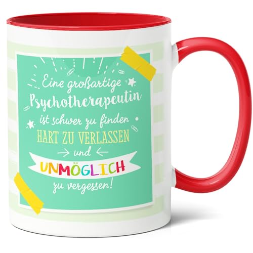 Psychotherapeutin Geschenk Kaffee-Tasse (330ml) - Für Therapie-Patienten zum Abschluss oder Danke - Großartige Psychotherapeutin, unmöglich zu vergessen - Keramik - Innen & Henkel (Rot) von Facepot