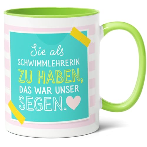 Schwimmlehrerin Geschenk Kaffee-Tasse (330ml) - Schwimmsport Unser Segen als Danke für Schwimmen Trainerin zum Geburtstag, Abschied oder Weihnachten - Keramik - Innen & Henkel (Grün) von Facepot