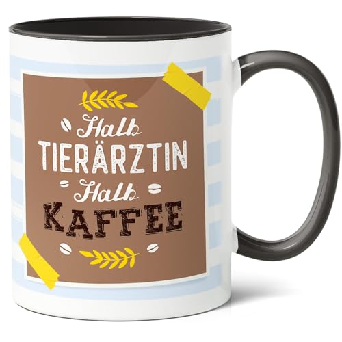 Tierärztin Geschenk Kaffee-Tasse (330ml) - Idee zum Geburtstag für Veterinärmediziner, Weihnachten für Kaffeeliebhaber im Tiergesundheitsberuf - Halb Tierärztin, halb Kaffee - Keramik (Schwarz) von Facepot
