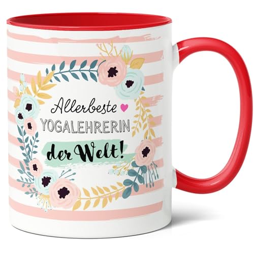 Yogalehrerin Geschenk Kaffee-Tasse (330ml) - Geschenkidee für Freundin, Yoga-Enthusiastin, Entspannung zum Geburtstag oder Wellness-Tag - Beste Yogalehrerin der Welt - Keramik (Rot) von Facepot