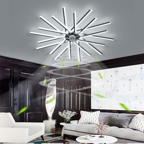 6 Gang Deckenventilator Mit Beleuchtung Und Fernbedienung Leise Ventilatoren Deckenlampe Mit Ventilator Dimmbar Reversibel DC Ventilator Pendelleuchte Für Wohnzimmer Und Schlafzimmer-Black||62cm von Fachae