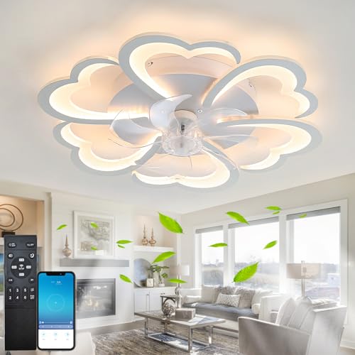 Fachae Blume Deckenlampe Mit Ventilator Mit Fernbedienung,Dc 6-Gang Deckenventilator Mit Beleuchtung,Led Dimmbarer,Leise Speicherfunktion,Für Wohnzimmer,App,Weiß von Fachae