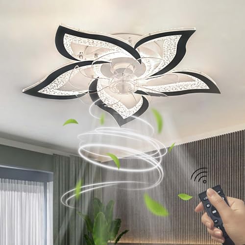Dimmbare Deckenventilator Mit Beleuchtung Moderne Lampe Mit Deckenventilator 6 Geschwindigkeit Reversibel Lampe Mit Ventilator Leise 7 Lüfterblätter Führte Schlafzimmer Blume Timer-Black von Fachae