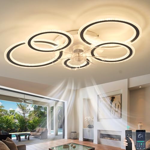 Fachae Deckenlampe Mit Ventilator,Dünn Reversibel Deckenventilator Mit Beleuchtung Und Fernbedienung,Leise Led Dimmen 6 Geschwindigkeit 86cm,Deckenleuchte Mit Ventilator,Schwarze App-Fernbedienung von Fachae