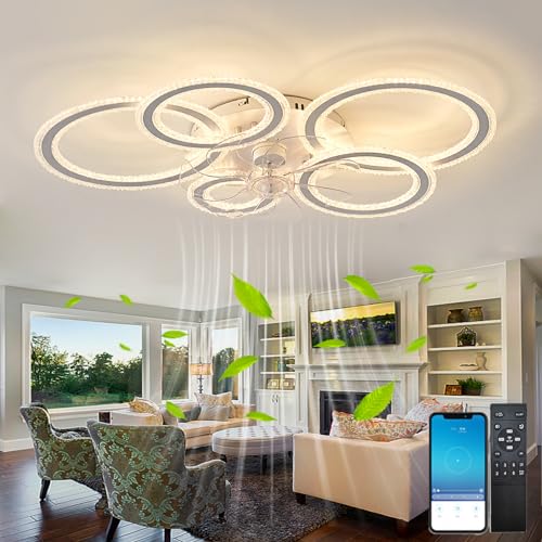 Fachae Deckenlampe Mit Ventilator,Dünn Reversibel Deckenventilator Mit Beleuchtung Und Fernbedienung,Leise Led Dimmen 6 Geschwindigkeit 86cm,Deckenleuchte Mit Ventilator,Weiße App-Fernbedienung von Fachae