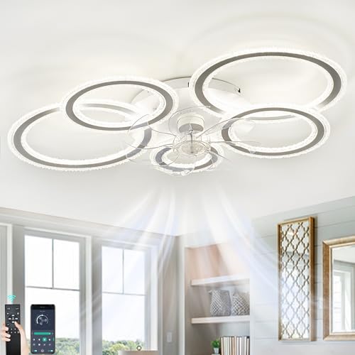 Fachae Deckenlampe Mit Ventilator,Dünn Reversibel Deckenventilator Mit Beleuchtung Und Fernbedienung,Leise Led Dimmen 6 Geschwindigkeit 86cm,Deckenleuchte Mit Ventilator,Weiße App-Fernbedienung von Fachae
