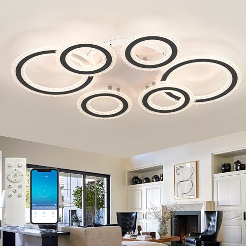 Fachae Intelligent Deckenlampe Led 9400 Lumen Deckenleuchte Ferngesteuert,Led Modernes Kristall 6 Ringe Deckenleuchten Dimmbar,110cm Geeignet Für Büro Wohnzimmer Groß Led Lampen-Black von Fachae