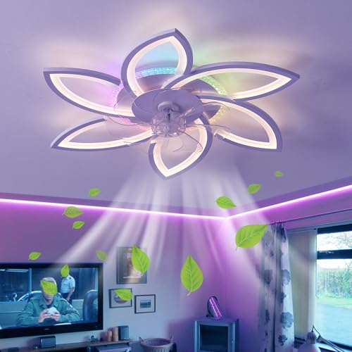 Fachae RGB Deckenventilator Mit Beleuchtung Mit Fernbedienung APP,Kind Schlafzimmer Lampe Mit Ventilator Reversibel 6-Gang Dimmbar Deckenlampe Mit Ventilator Speicherfunktion Leise Timing von Fachae