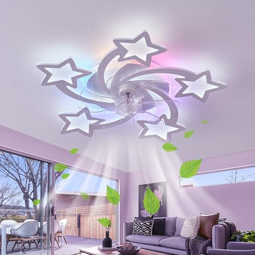 Fachae RGB Deckenventilator Mit Beleuchtung Mit Fernbedienung APP,Kind Schlafzimmer Lampe Mit Ventilator Reversibel 6-Gang Dimmbar Deckenlampe Mit Ventilator Speicherfunktion Leise Timing von Fachae