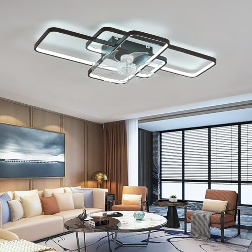 Rechteckige Deckenlampe Mit Ventilator Reversibel Leise Schlafzimmer Deckenleuchte Mit Ventilator Fernbedienung APP Dimmbar Timer Wohnzimmer Deckenventilator Mit Beleuchtung Moderne LED-Black||103cm von Fachae